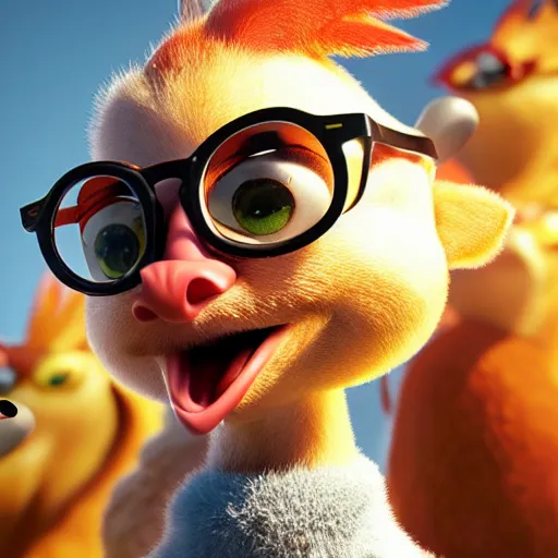 Prompt: photorealistic chicken little from the movie chicken little, award winning octane render, concept art, photorealism