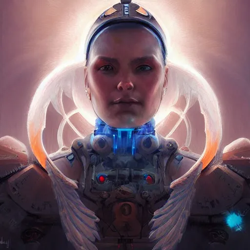 Image similar to Shoulder level close up portrait of a seraphim angel from a neo solar punk future future metaverse cyborg tech techno angelic warrior by Mandy Jurgens, cartoon, oil painting , visionary art, symmetric, Heavenly symbols, holy halo, astral patterns, sci-fi