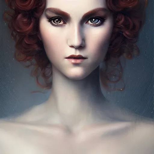 Image similar to tom bagshaw portrait, very beautiful blesed dollpunk in a full dress and long thin lustrous auburn hair, professionally retouched, ultra realistic soft painting, perfectly detailed linework, symmetrical accurate intricate features, behance, focus