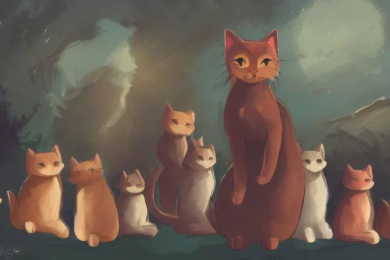 Image similar to cat standing on a rock in front of a crowd of cats, dramatic, backlighting, digital art, trending on furaffinity, by kawacy, fanart