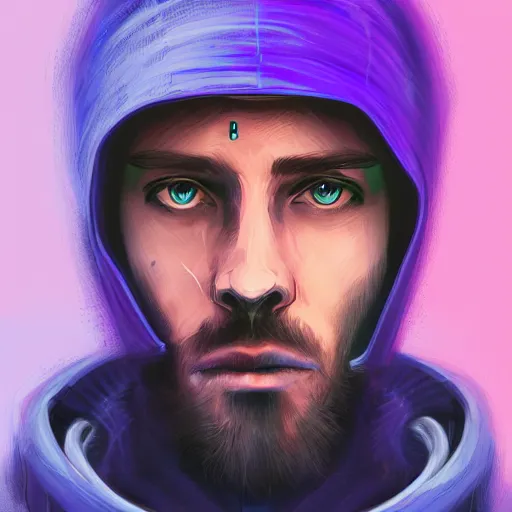 Prompt: a portrait of an ultradetailed futuristic male cyberpunk wearing a hoodie on his head, bearded, deep blue eyes, by dylan kowalski, 8 k, purple neon colours, digital painting