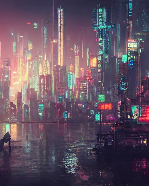 Prompt: cyberpunk city on a floating island at night by wlop, key visual, high detail, digital art