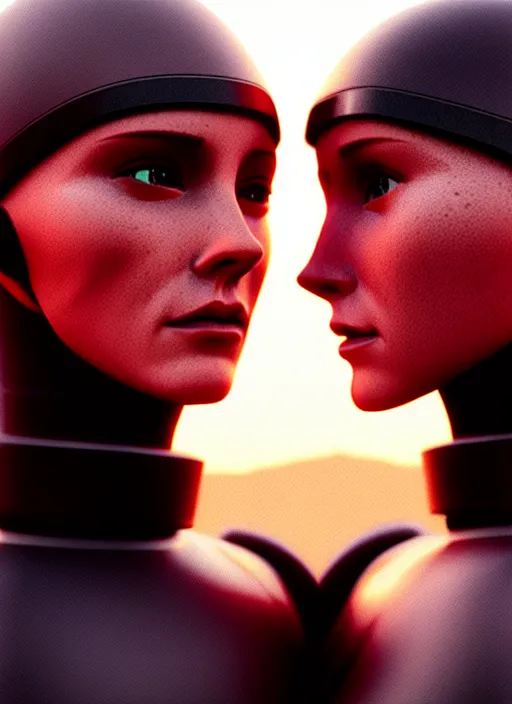 Image similar to cinestill 5 0 d photographic portrait of two loving female androids wearing rugged black techwear on a desolate plain with a red sky, showing some skin, extreme closeup, modern cyberpunk, dust storm, 8 k, hd, high resolution, 3 5 mm, f / 3 2, ultra realistic faces, ex machina, blade runner