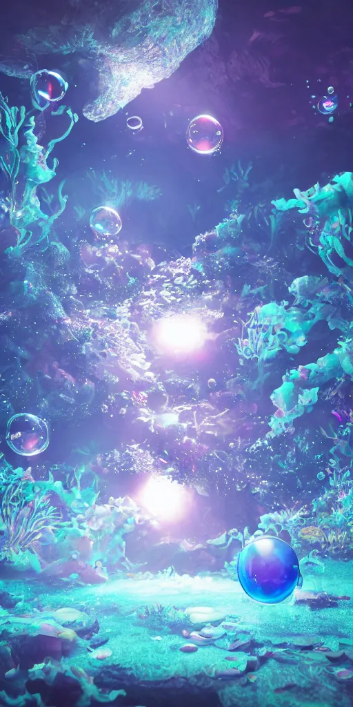 Image similar to A underwater world with a bubble kingdom, digital art, trending on artstation, award winning, 8k, volumetric lighting
