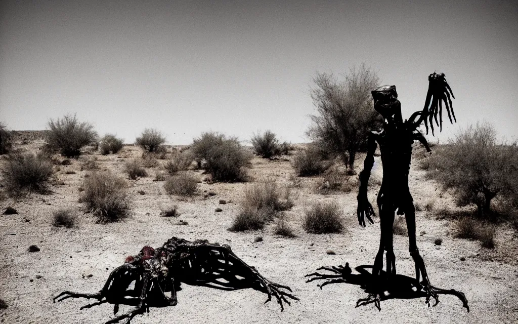 Image similar to in the desert a bloody gross horrifying The Thing creature made of muscle and bone and blood stares at the camera, eating, there is a pool of blood on the ground, it walks on two legs, like a skinwalker, mid day, 35mm photography, realistic,