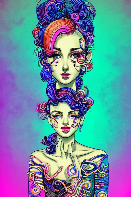 Image similar to a award winning portrait of a beautiful woman with stunning eyes in a one off shoulder croptop and cargo pants with rainbow colored hair, outlined by whirling illuminated neon lines and fine lines swirling in circles by joe fenton, digital art, trending on artstation
