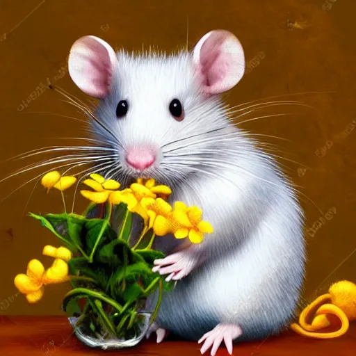 Image similar to photo realistic white rat holding a flower cinematic composition, hyper realism, cute