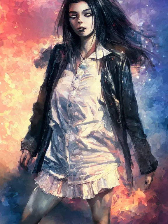 Prompt: digital illustration of a girl with eyes that burn like cigarettes wearing a short skirt and a long jacket with fingernails that shine like justice, dramatic lighting, photorealistic, full body shot, full body portrait, extreme detail, 4 k, colorful, artgerm and craig mullins, detailed face