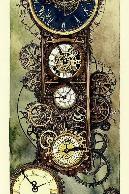 Image similar to steampunk gears, and eternal clock, inside an open book, dark and gothic, full frame, art by kay nielsen and walter crane, illustration style, watercolor
