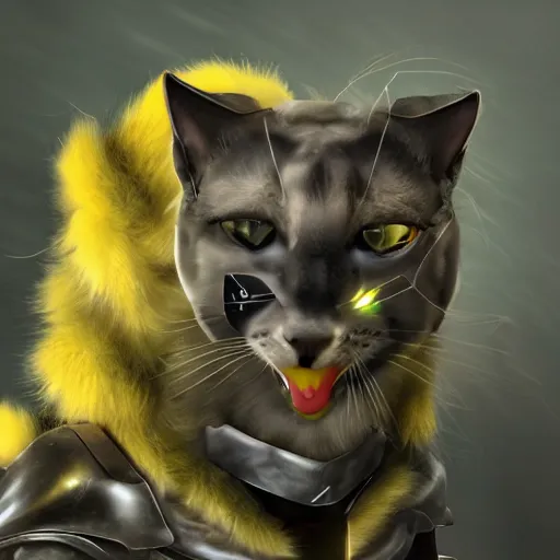 Image similar to a humanoid cat like creature in full body armor, force fields on the armor, yellow eyes, and grey fur with teeth that protrude past their lower jaw holding rifles