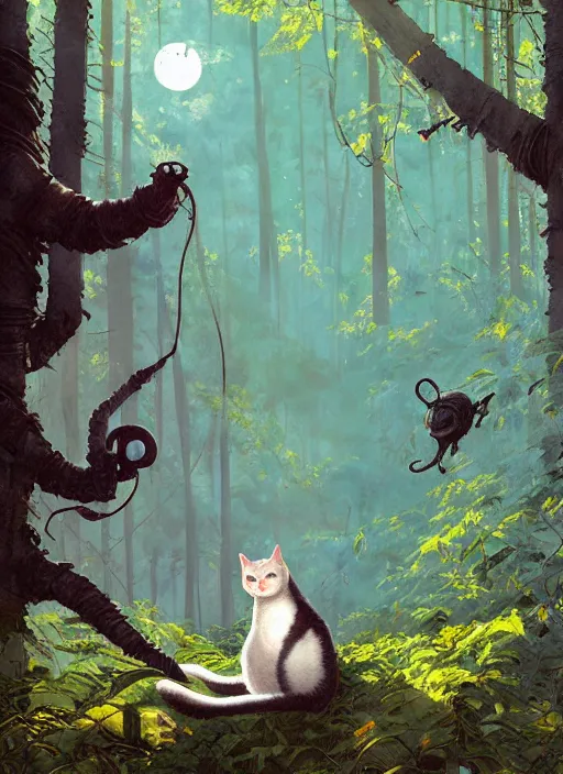 Image similar to a hyper realistic ink cat alien technology and sunbeams blue sky, lush forest foliage painting by chiara bautista and norman rockwell and greg rutkowski weta studio, and lucasfilm