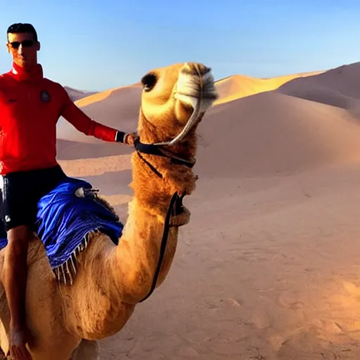 Prompt: cristiano Ronaldo holding the Moroccan flag while riding a camel in the desert