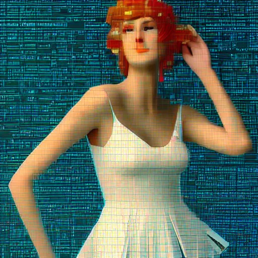 Image similar to trending on artstation girl in white dress dancing, halo over her head, glitchy, glitch art, Chromatic aberration, nobody knows the future