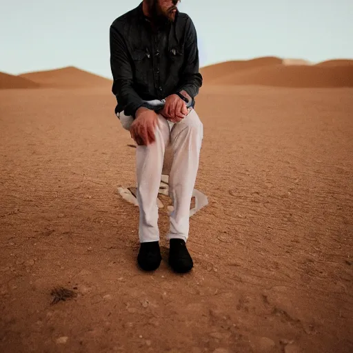 Prompt: portrait of a man wearing cameo, he ‘ s sitting in the desert eating some delicious crayons, beautiful composition, 5 0 mm f 1. 8, ambient light