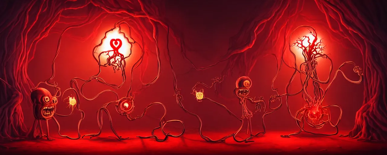 Image similar to uncanny alchemist chthonic creatures inside a visceral arterial alchemical lab within the left ventricle of a human heart, dramatic lighting fiery red lighting, surreal fleischer cartoon characters, surreal painting by ronny khalil