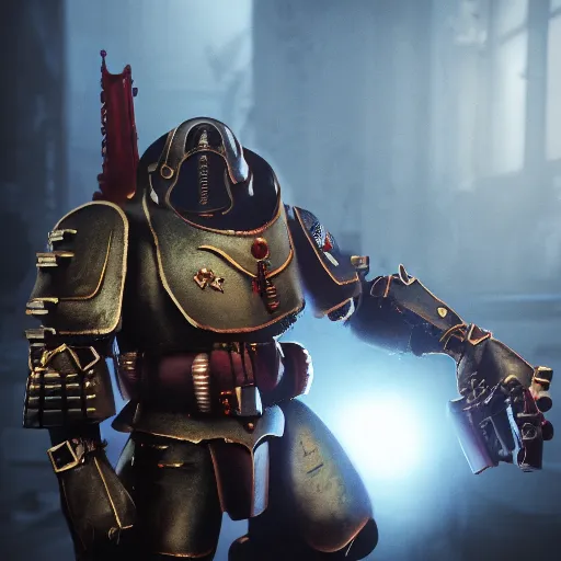 Image similar to very sad crying guardsman in a space hulk from warhammer 4 0 k darktide : : octane render, unreal engine 5, cinematic lighting