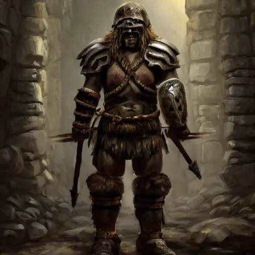 Image similar to a barbarian in heavy armor in a dungeon, artstation hall of fame gallery, editors choice, # 1 digital painting of all time, most beautiful image ever created, emotionally evocative, greatest art ever made, lifetime achievement magnum opus masterpiece, the most amazing breathtaking image with the deepest message ever painted, a thing of beauty beyond imagination or words