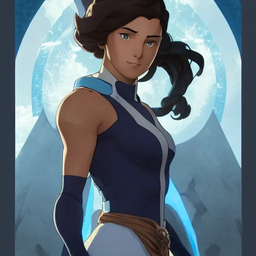 Image similar to Portrait of Avatar Korra, Legend of Korra, blue eyes, intricate, elegant, highly detailed, digital painting, artstation, concept art, smooth, sharp focus, illustration, art by artgerm and greg rutkowski and alphonse mucha