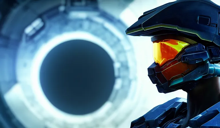 Image similar to cyberpunk halo helmet on space, planet behind, close shot, reflection, epic, dramatic, cinematic, award winning, ultra detailed, realistic, 8k,