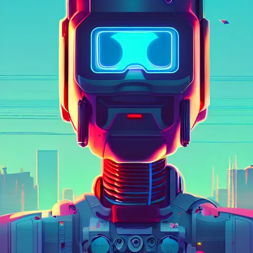 Image similar to a graph - style a huge robot head in front of her, cyberpunk art by by james gilleard, cgsociety, retrofuturism, synthwave, retrowave, outrun