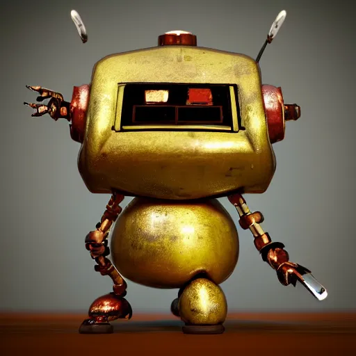 Prompt: a small chubby bot, smooth panelling, one large golden eye intricate detail, with damaged rusty arms, pokemon broken antenna, recycled, floating, white studio, ambient light, in the style of pokedstudios, belnder, octane render, 8 k,