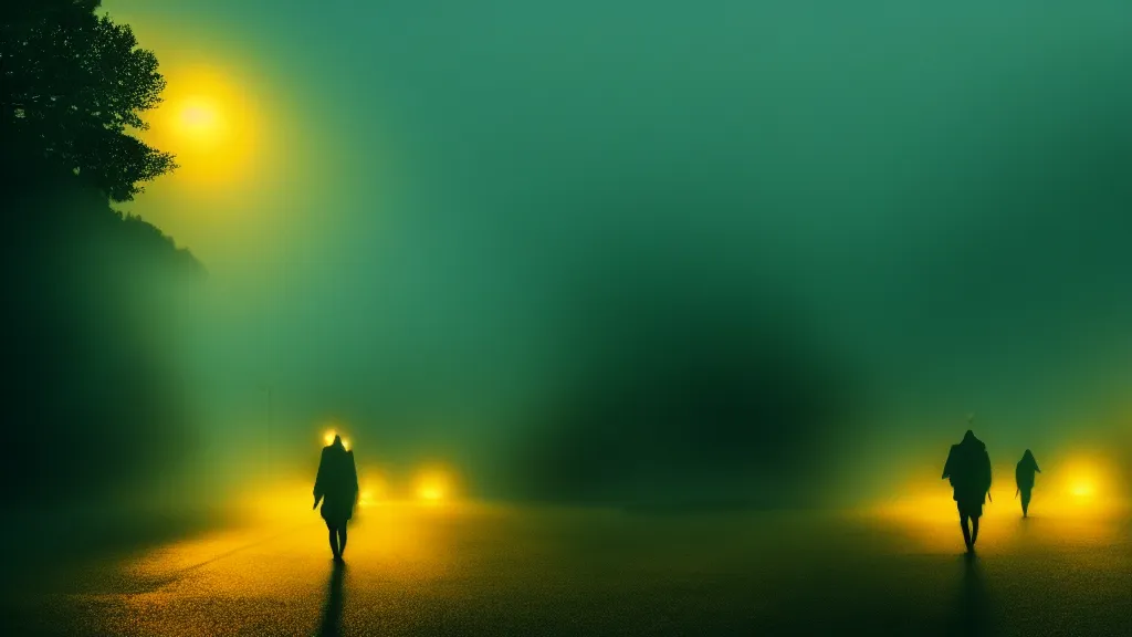 Prompt: the crowd flees the village, fog, volumetric lighting, mystique, atmospheric, golden hour, teal and orange, sharp focus, ultra detailed, noir art house, 4 k, cinematic, 3 5 mm