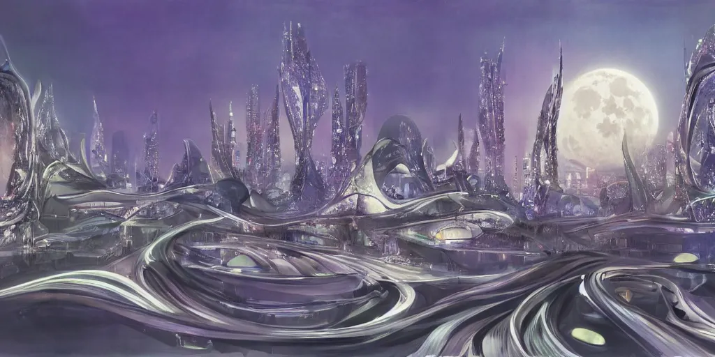 Image similar to fantasy city with moon by zaha Hadid with crowded street trending on artsation