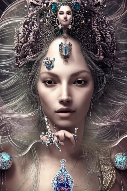 Image similar to a centered render of an mystical wild goddess with wearing ornate silver and gemstones and crystal clothing surrounded by flowing liquid gallium jellyfish and sacred geometry, perfect body and face, gorgeous, cinematic, beautifully lit, by alberto seveso, by zack snyder, by cory loftis, 3 d, trending on artstation, octane render, 8 k