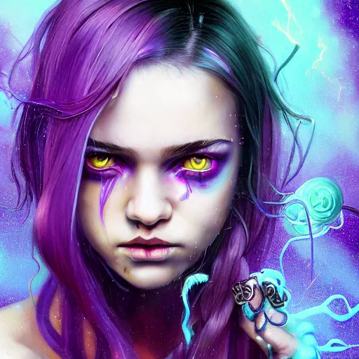 Image similar to detailed photo portrait of a furious teen girl with thin, hair-like purple tentacles on her head and bright purple eyes, 8k,by tristan eaton, Stanley Artgermm,Tom Bagshaw,Greg Rutkowski,Carne Griffiths,trending on DeviantArt, face enhance,hyper detailed ,full of colour, dramatic lightning