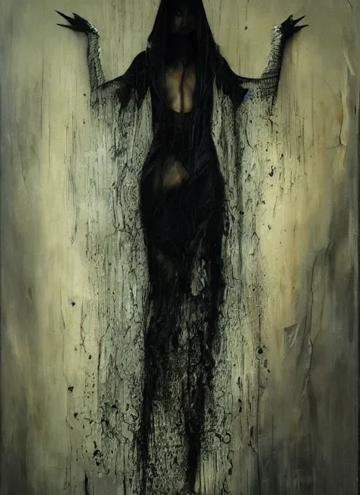 Image similar to mystic cult vampire woman, dark mystical fearful horror, dressed in black, seductive dangerous, perfect, by karol bak, nicola samori, masterpiece