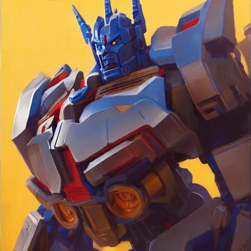 Image similar to greg manchess portrait painting of optimus prime as overwatch character, medium shot, asymmetrical, profile picture, organic painting, sunny day, matte painting, bold shapes, hard edges, street art, trending on artstation, by huang guangjian and gil elvgren and sachin teng