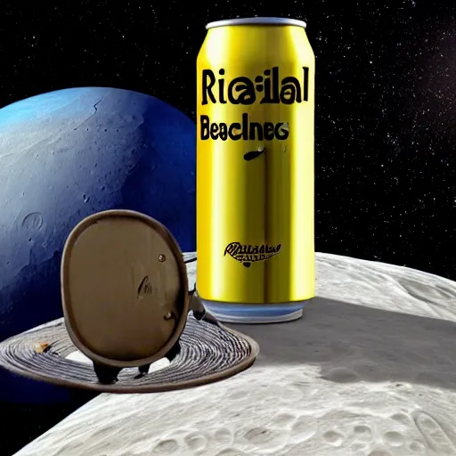 Prompt: a detailed, realistic, idle, regular sized stratocaster fender guitar next to a detailed, realistic, idle, regular sized beer can on the moon. detailed photo. realistic photo