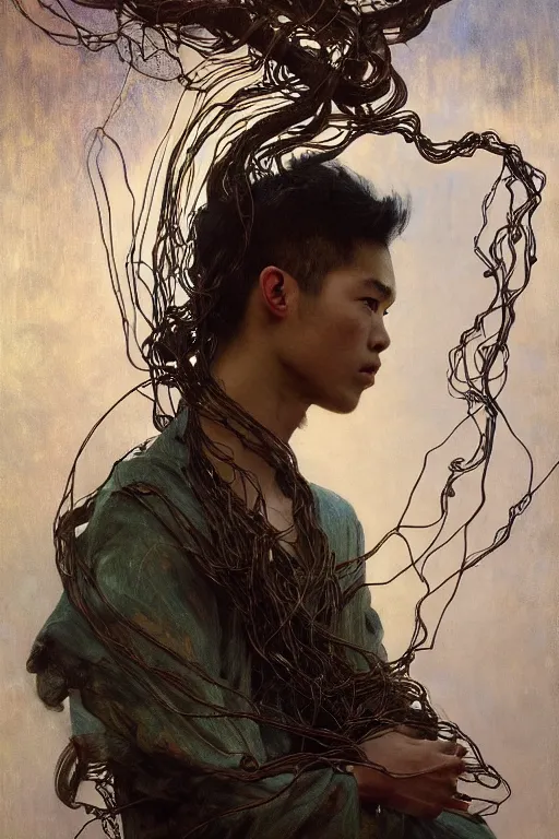 Image similar to hyperrealist portrait of elijah zu bailey, it is decorated with long wires that fall like vines and wears small computers over their body. by jeremy mann and alphonse mucha, fantasy art, photo realistic, dynamic lighting, artstation, poster, volumetric lighting, very detailed faces, 4 k, award winning