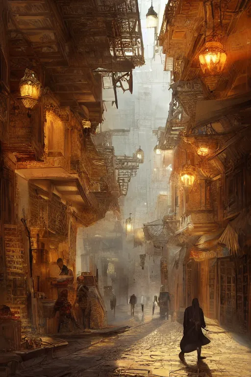 Image similar to the streets of old Cairo at the time of the pharaohs, intricate, elegant, volumetric lighting, digital painting, highly detailed, artstation, sharp focus, illustration, concept art, ruan jia, steve mccurry