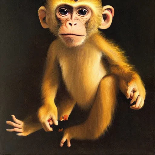 Image similar to Portrait of a monkey holding a camera, oil painting