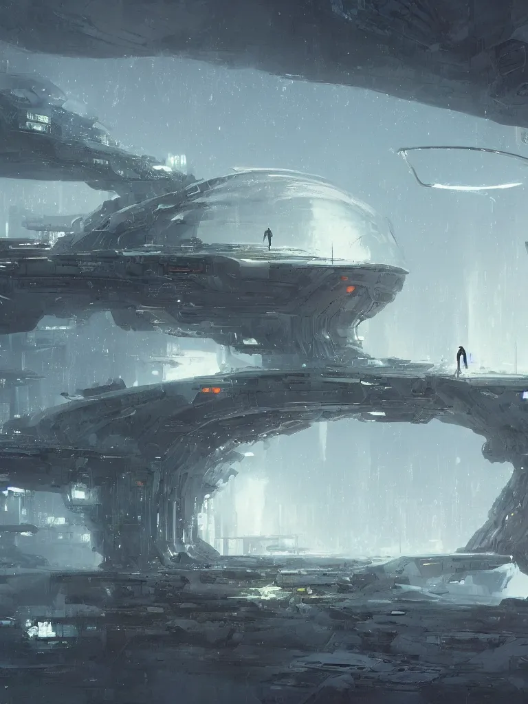 Image similar to concept art of a giant white dome with a single bridge leading outside to the ocean, grimy, gritty, blade runner 2 0 4 9, trending on artstation, award winning painting, cgi, art by john berkey and anton fadeev and john howe and simon stalenhag