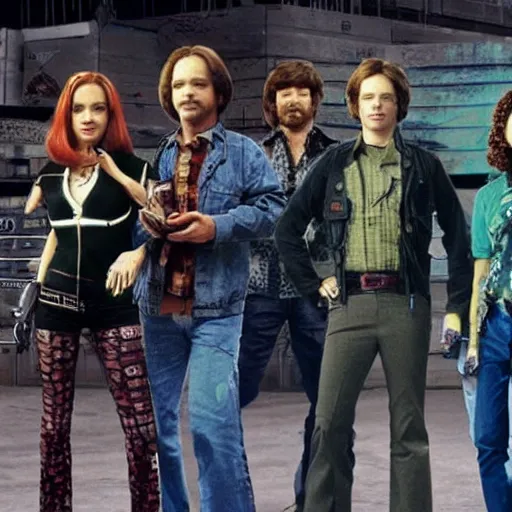 Prompt: that 70s show cast in post apocalyptic cyber punk outfits, hyper realistic, high definition