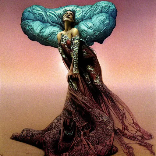 Image similar to queen of neptune by zdzisław beksinski, alexander mcqueen, craig mullins and alphonse mucha. highly detailed, hyper - real, beautiful