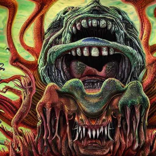 Prompt: a high hyper detailed painting with complex and striking textures of a horrible and psychotic monstrous head with an open mouth, pointed teeth and several eyes, from its mouth come out several monsters and deformed beings running and screaming, cosmic horror psychedelic magical realism octane render bizarre art