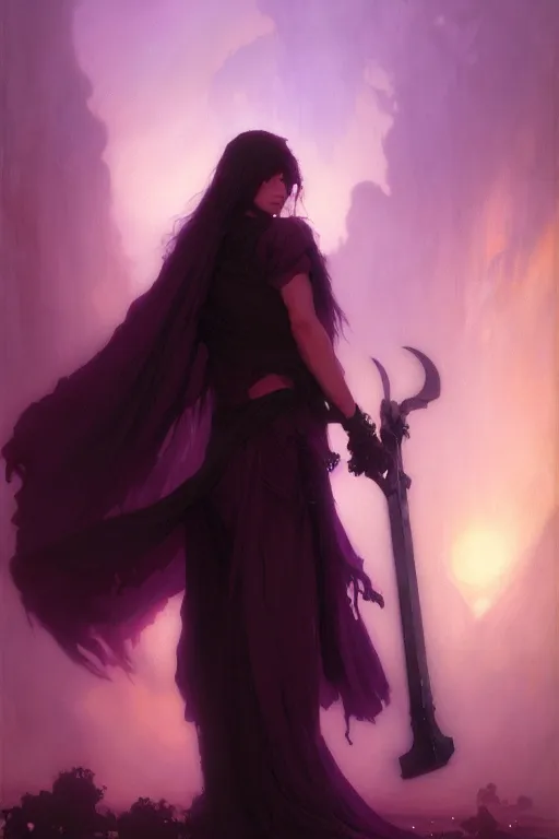 Prompt: grim reaper in a flowing dress, purple hair, holding a scythe, funeral, backlit, godrays, portrait dnd, painting by gaston bussiere, craig mullins, greg rutkowski, yoji shinkawa