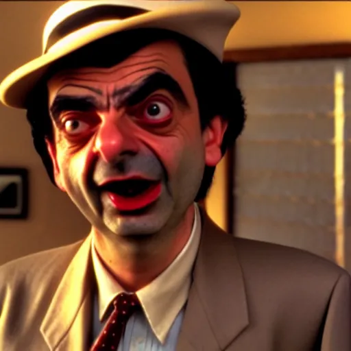 Image similar to mr. bean as raul duke from the fear and loathing in las vegas movie. movie still. cinematic lighting.