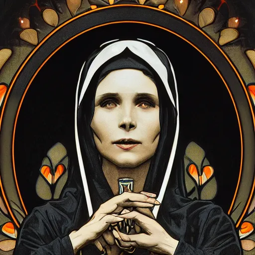 Image similar to A Black background portrait of A zombie nun glowing black by greg rutkowsk and alphonse mucha,In style of digital art illustration.Dark Fantasy,Ray tracing,hyper detailed,sharp focus,Soft light.trending on artstation.4k