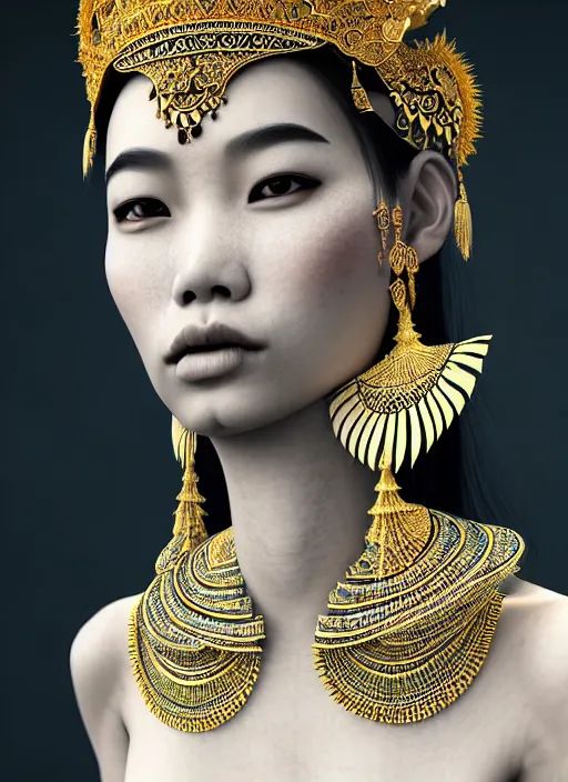 Image similar to absurdly beautiful young thai woman with symmetrical white makeup, wearing an intricate headdress made from bones, wearing large earrings made from white bones, hyperdetailed illustration by irakli nadar and alexandre ferra, intricate linework, in the style of a national geographic portrait, unreal engine 5 highly rendered, global illumination, radiant light, detailed and intricate environment