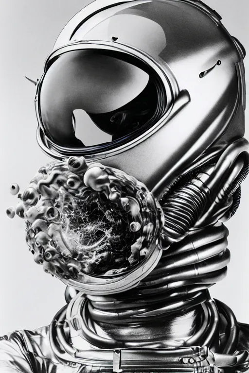 Image similar to extremely detailed studio portrait of space astronaut, alien tentacle protruding from eyes and mouth, slimy tentacle breaking through helmet visor, shattered visor, full body, soft light, disturbing, shocking realization, hyper detailed, award winning photo by herb ritts