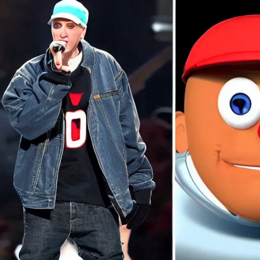 Image similar to Eminem disguised as an M&M’s mascot