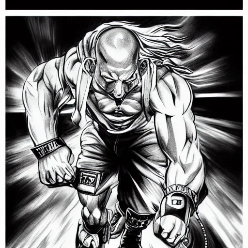 Prompt: Black and white drawing of Vin Diesel walking like a Italian model in JoJo\'s Bizzare Adventure style, highly detailed, sharp focus, 1990 manga panel, anime, ArtStation, art by Hirohiko Araki