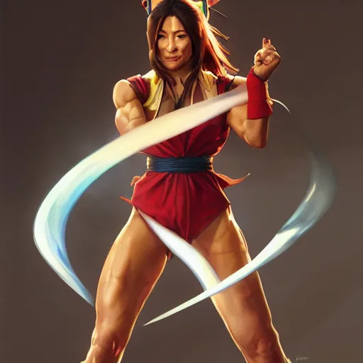 Image similar to michelle yeoh as a street fighter character, cg animation, capcom, realistic, character select portrait, by artgerm, greg rutkowski, alphonse mucha, 3 d