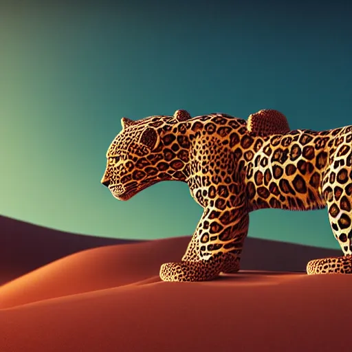 Prompt: android leopard in the middle of the desert, matte metal and chrome :: by beeple and James Gilleard and Justin Gerard :: ornate, dynamic, particulate, intricate, elegant, highly detailed, centered, artstation, smooth, sharp focus, octane render, 3