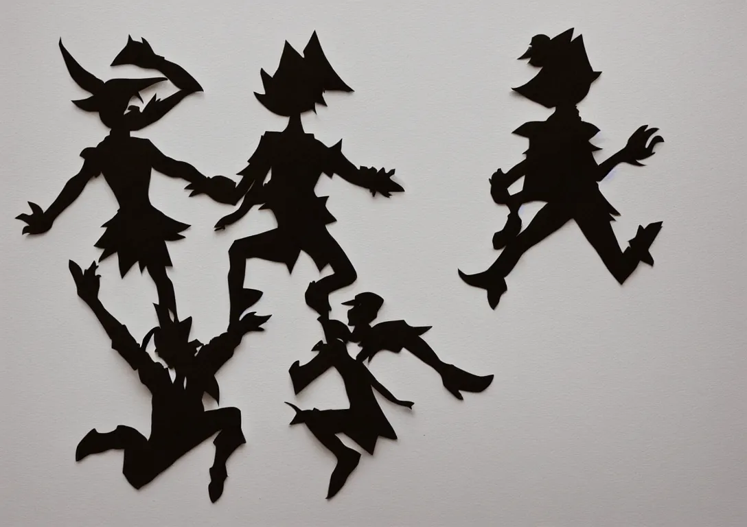 Prompt: a simple cut paper sculpture of peter pan and captain hook