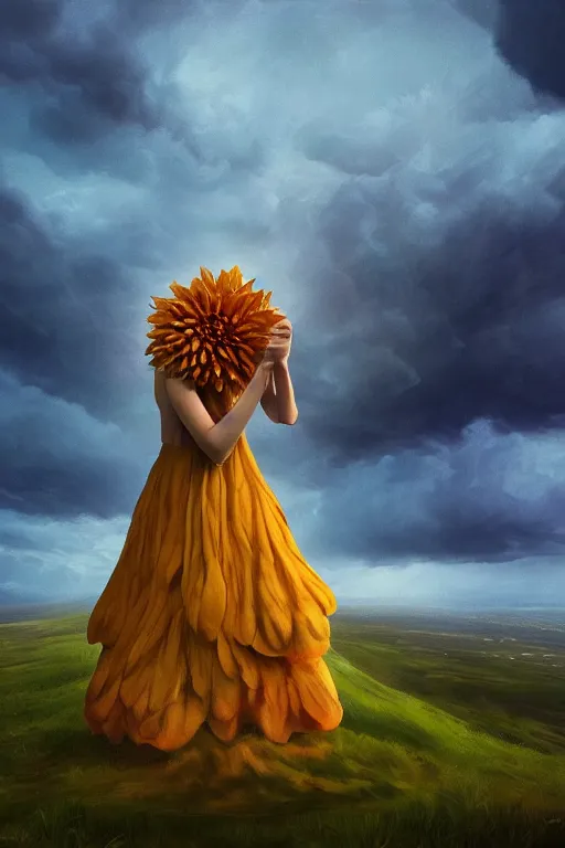 Image similar to closeup giant dahlia flower as head, girl standing on mountain, surreal photography, blue storm clouds, dramatic light, impressionist painting, digital painting, artstation, simon stalenhag